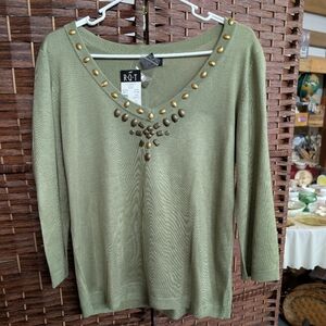 Oasis Olive V-Neck Sweater with Gold Studs